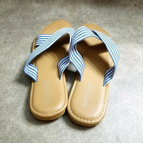 West Loop Womens Size 5/6 Blue White Slide Sandals Flats - Picture 5 of 8